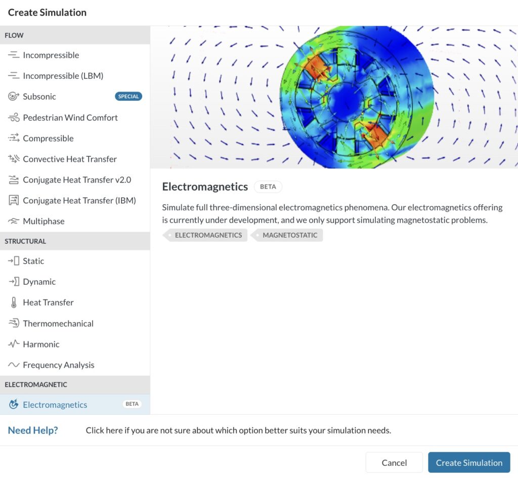 Electromagentics analysis type in SimScale