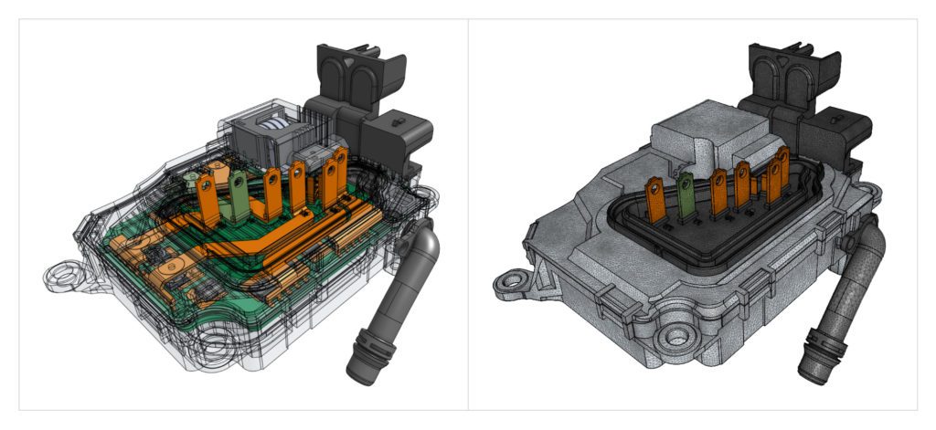 Two images of an inverter geometry model showing the model itself on the left and the meshed model on the right