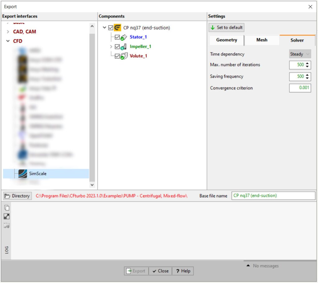 The export workflow in CFturbo showing the SimScale connector (bottom left)