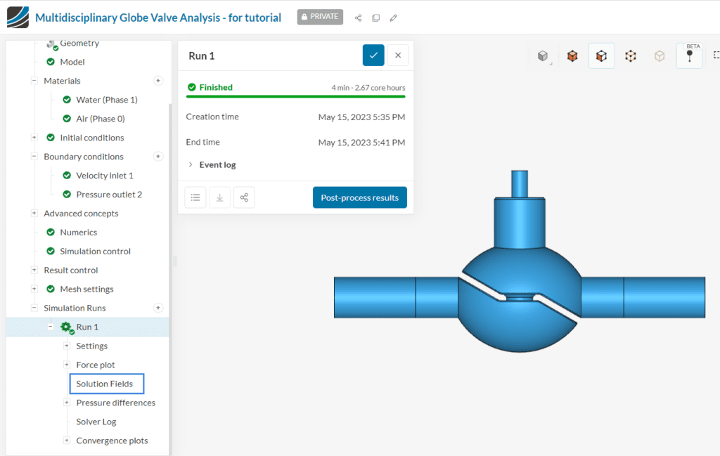 finished run and post-process results of globe valve