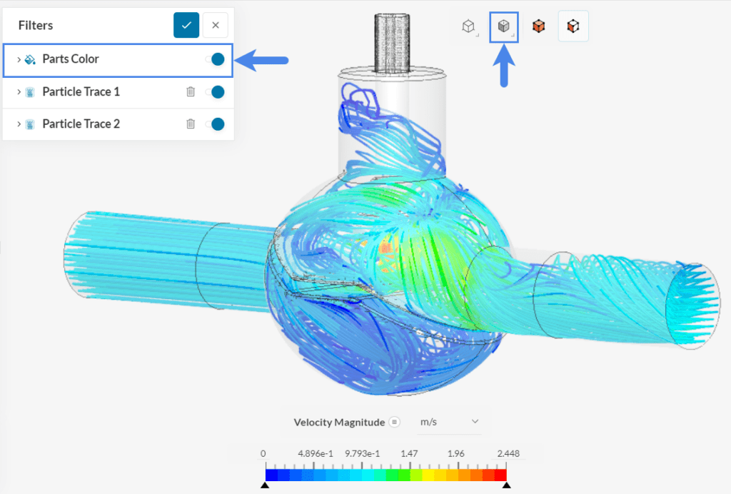 particle traces on multiphase globe valve translucent surfaces