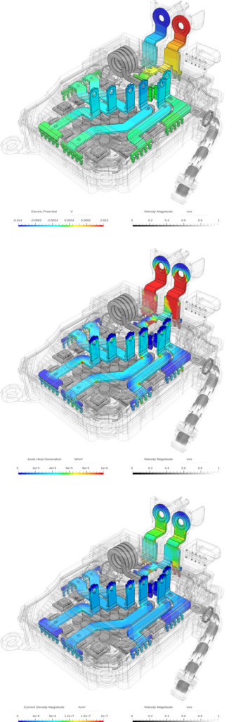 3 images of Joule heating simulation in SimScale showing the electric potential (top), generated heat (middle), and current density magnitude (bottom) on the inverter busbars