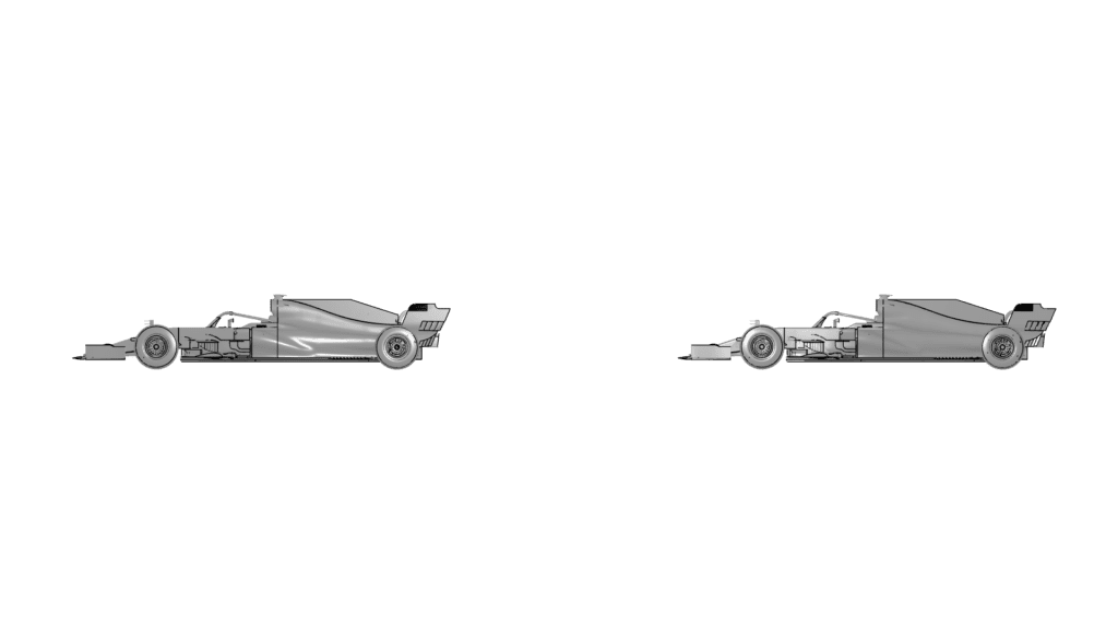 CAD image of two Formula 1 cars at a 1-wheelbase distance