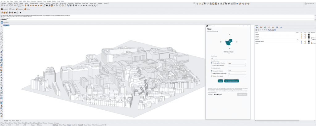 User interface for the new Wind Flow app.A dialog box to set up wind conditions and select climate data is shown.