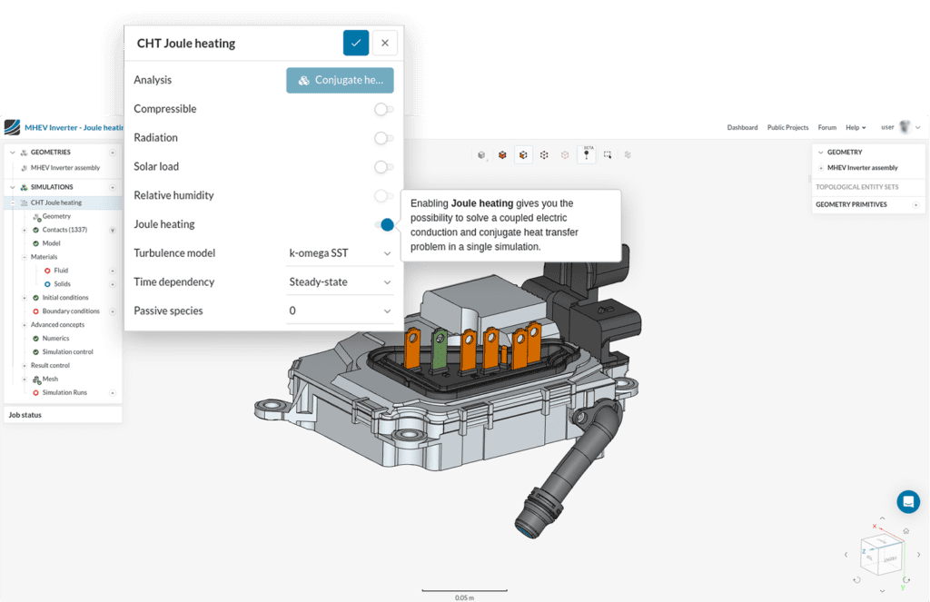 The new Joule heating interface and dialog box in SimScale for including Joule heating in a CHT analysis
