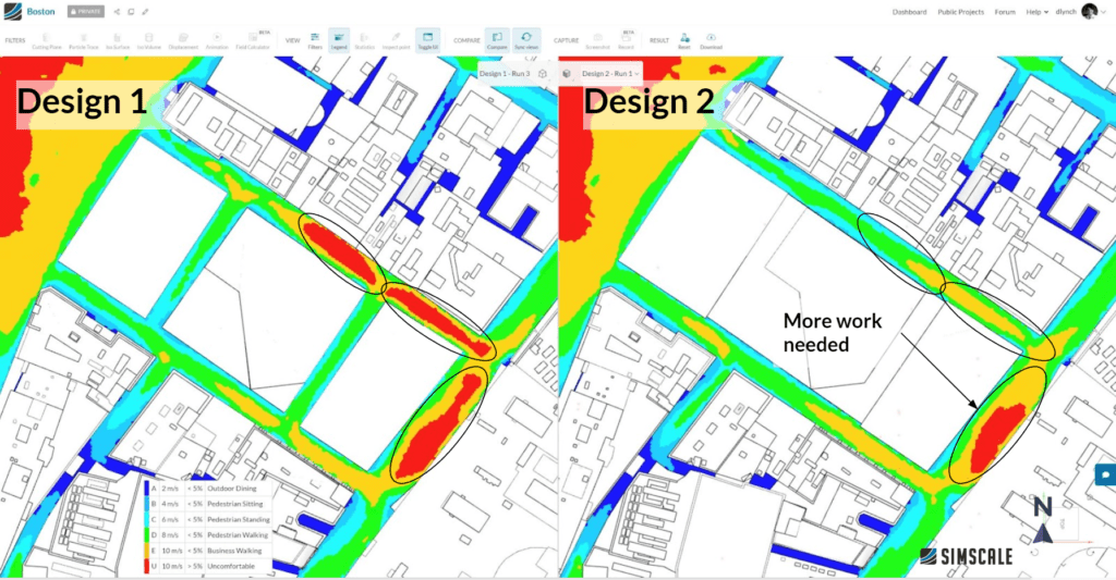 simscale pwc simulation results comparing two designs. plan view