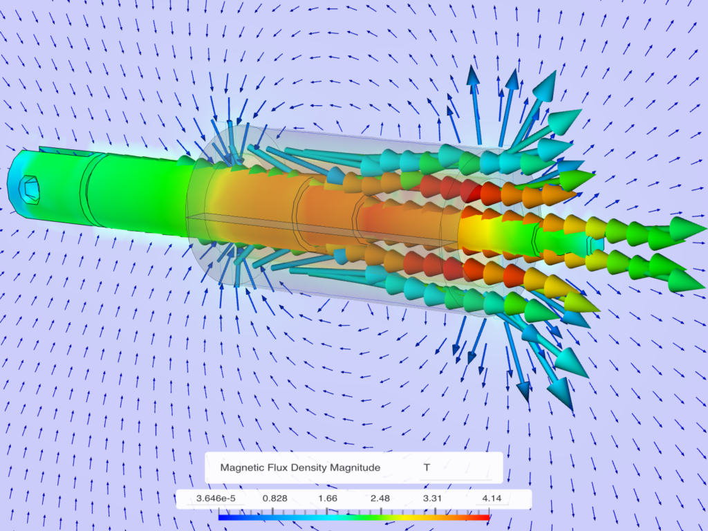 Magnetostatics simulation in SimScale of magnetic flux density in a linear solenoid