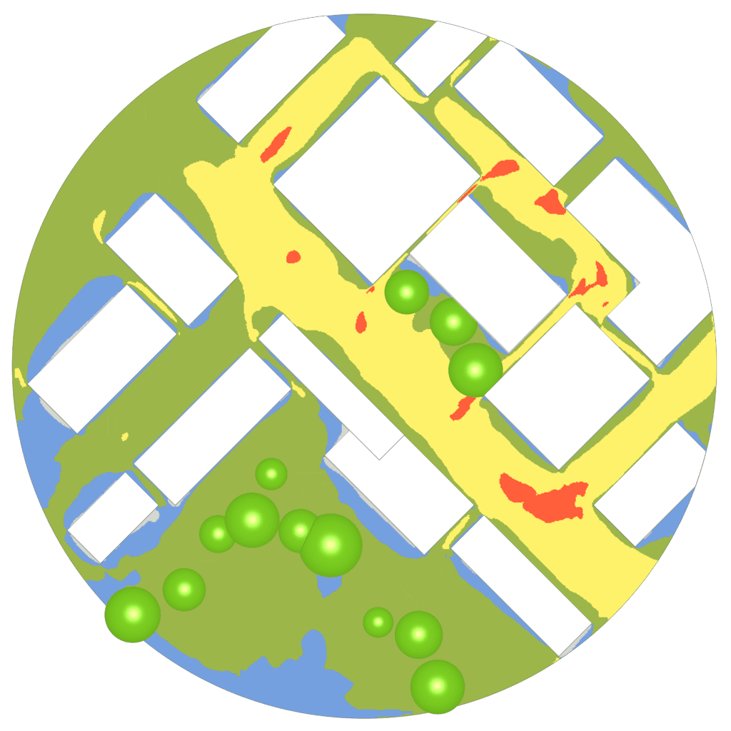 A comfort plot created using CFD showing the downwash effect in the improved design with landscaping