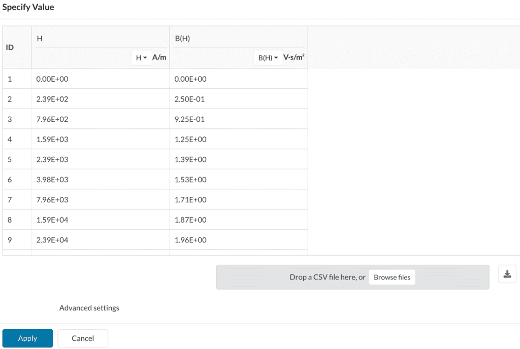 Table_input_magnetic_permeability electromagnetics