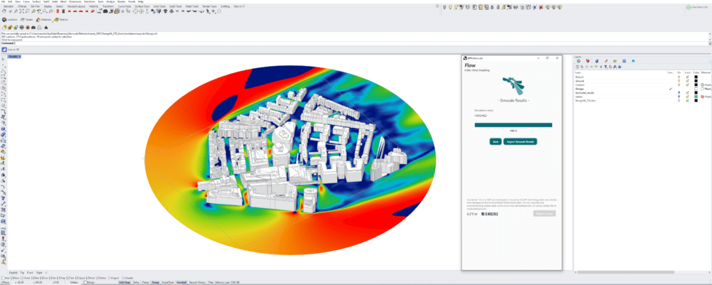 Transient wind comfort results for a new building project modeled in Wind Flow. Higher wind speeds are shown in yellow/red. Results are seen directly in Rhino.