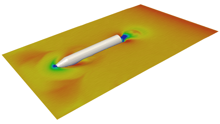 water surface around turbine leg at maintenance position with flow patterns, turbine for tidal energy